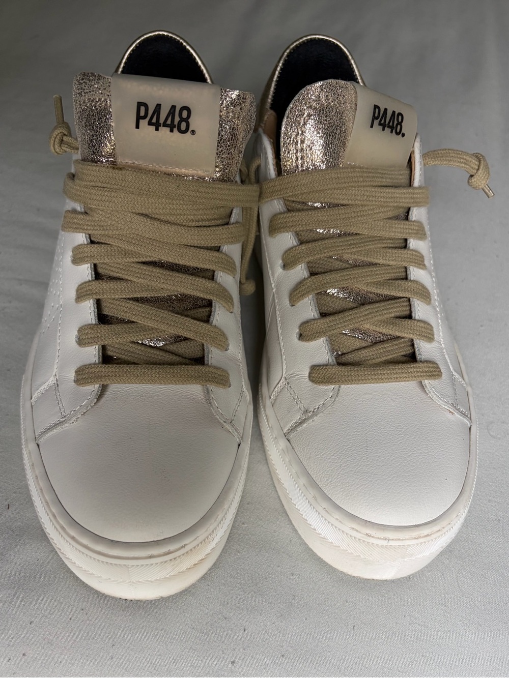 P448 White Leather Sneakers with Metallic Gold Tongue and Tan Laces